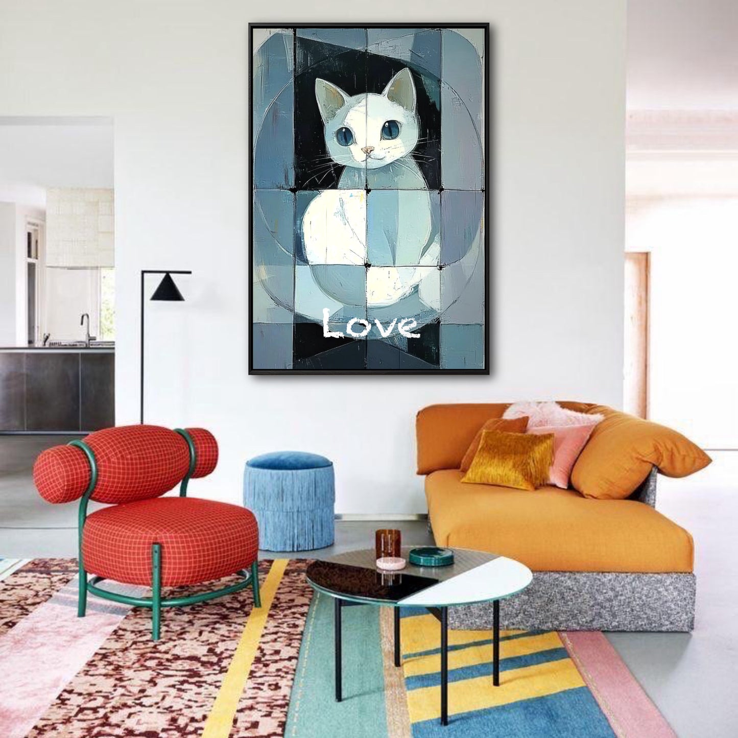 A modern cat painting's cool blue tones balance the vibrant red chair and orange sofa in an eclectic, colorful living room.