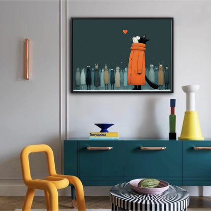 A whimsical cat painting hangs above a modern teal cabinet, next to a bright yellow chair and colorful geometric decor.