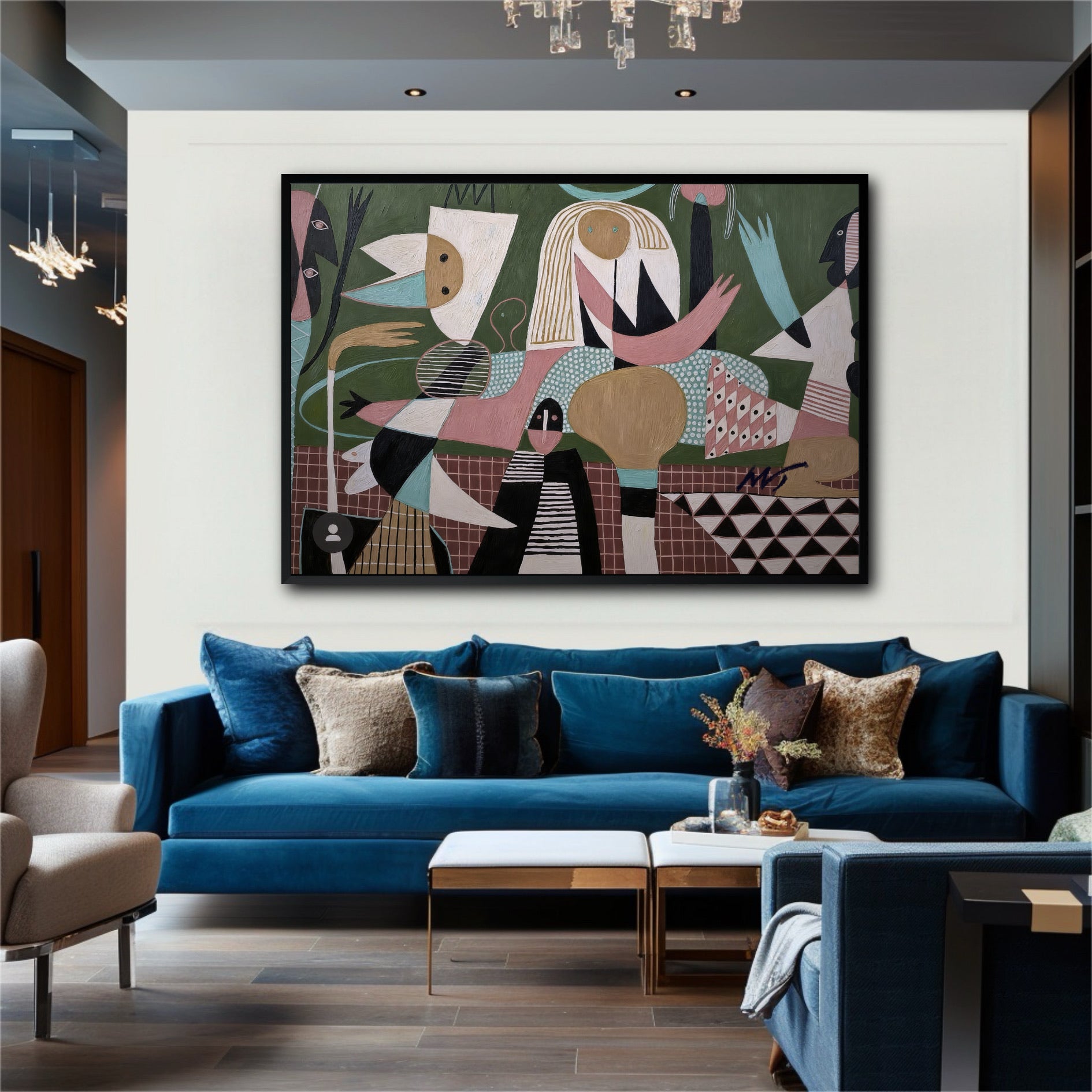 The green and pink figurative art provides a complex, artistic contrast to the bold, blue velvet sofa in this modern living room.