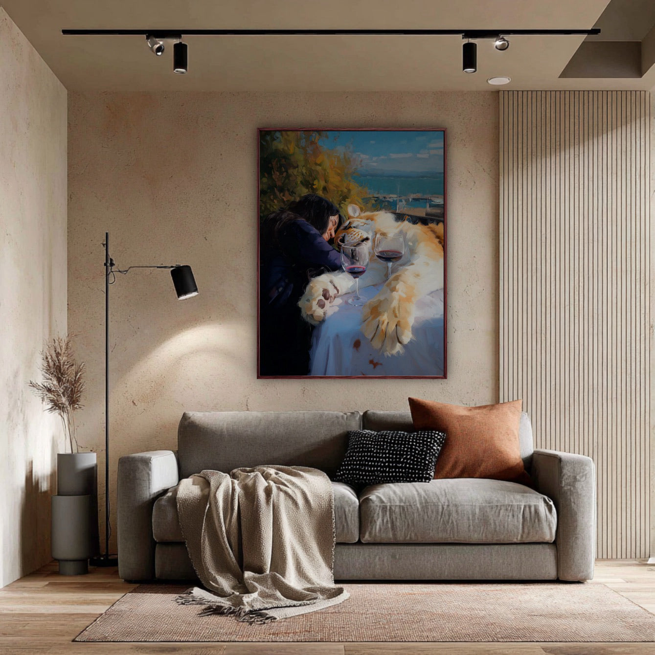 Original oil painting of wildlife scene in a quiet, neutral-toned lounge space. Beige walls, grey sofa, black track lighting, warm accent rug.