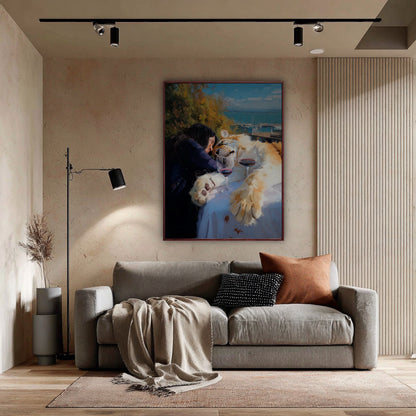 Original oil painting of wildlife scene in a quiet, neutral-toned lounge space. Beige walls, grey sofa, black track lighting, warm accent rug.