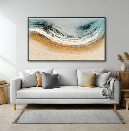 A large abstract seascape painting introduces warm gold and cool blue tones, enlivening a bright, modern living room with a white sofa.