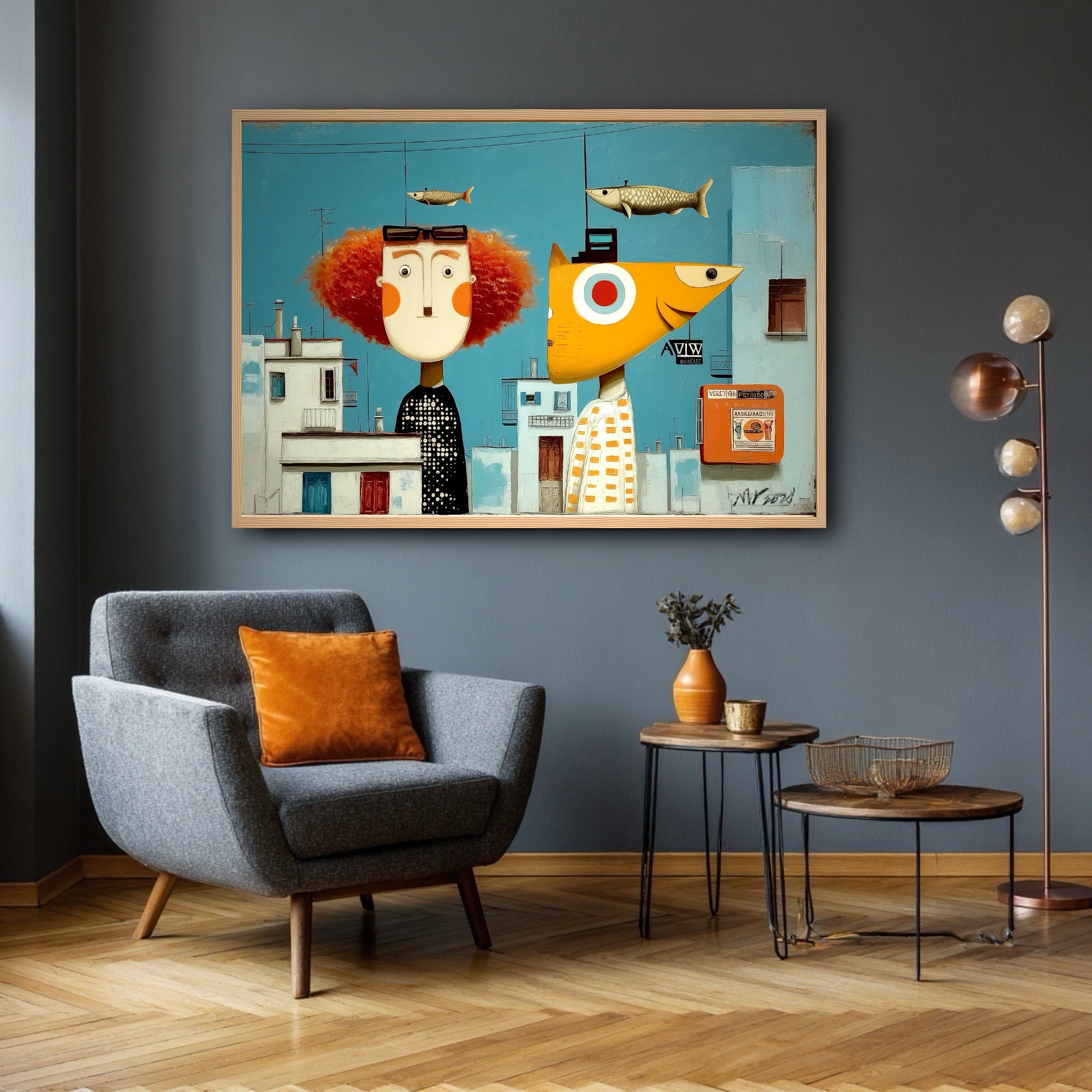Whimsical Mediterranean wall art creates a vibrant focal point against a dark grey accent wall in a cozy modern nook.