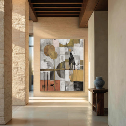Original abstract painting brings warm color and character to the expansive, stone-columned hallway with natural light and wood beams.
