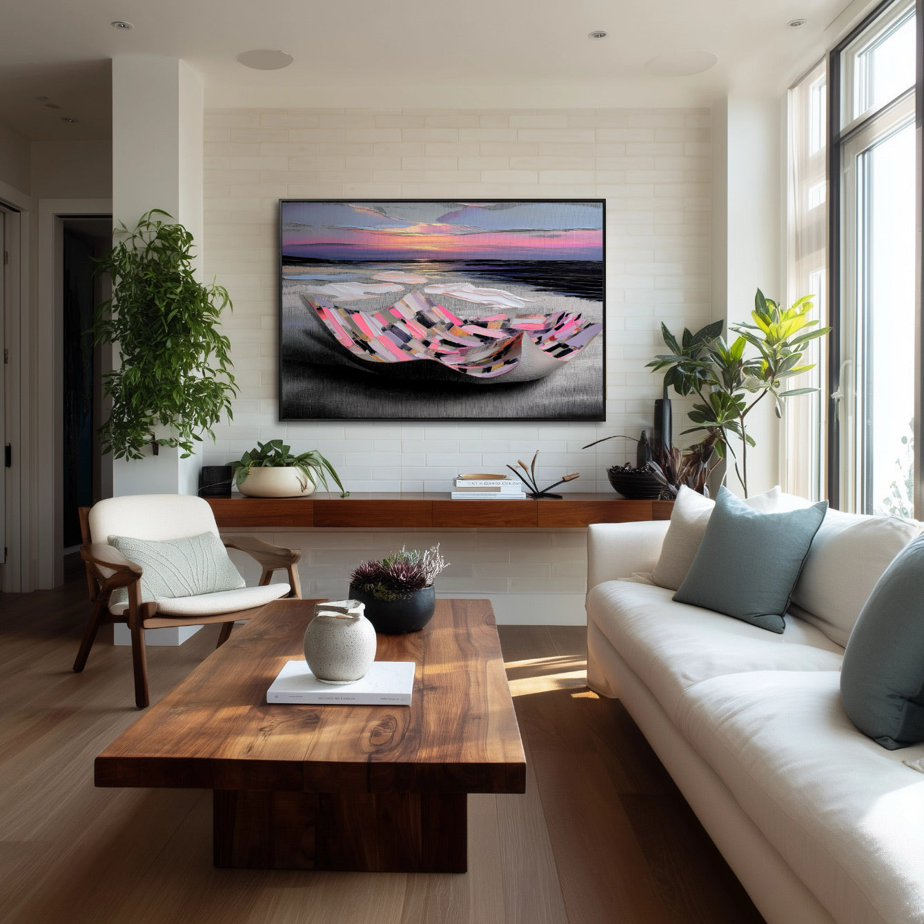 Abstract impasto art over a white sofa in a light-filled bohemian living room with wood table, plants, and white brick walls.