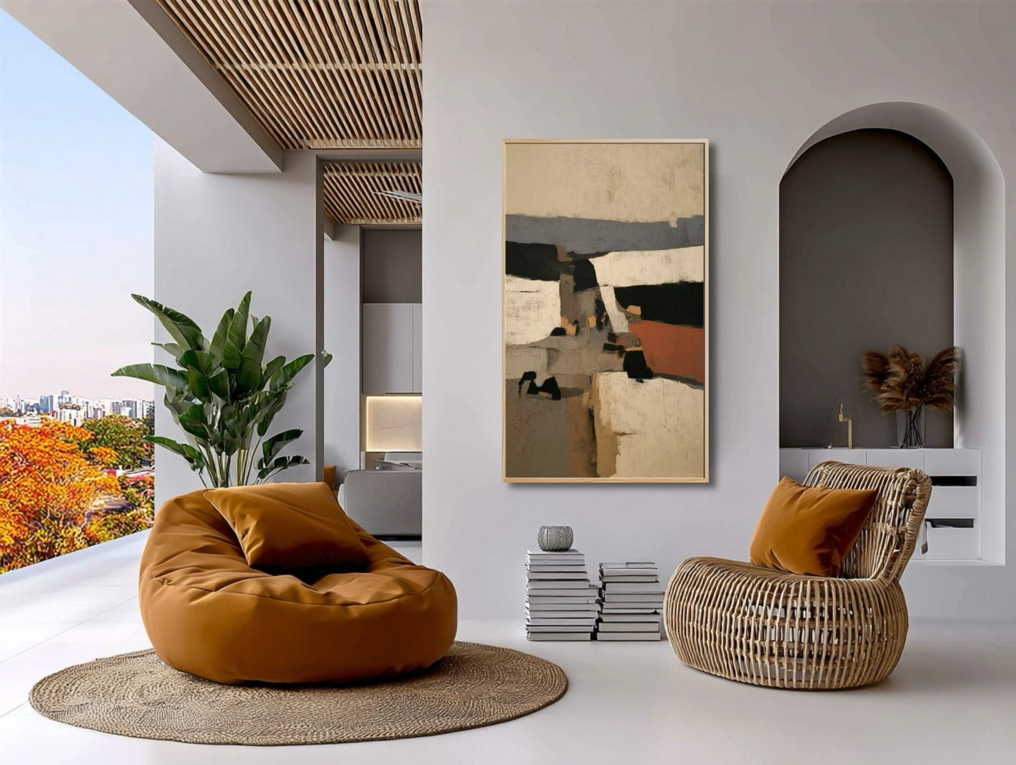 Abstract original art balances the vibrant orange pillows and rattan furniture in a chic, open-air, global-style lounge.