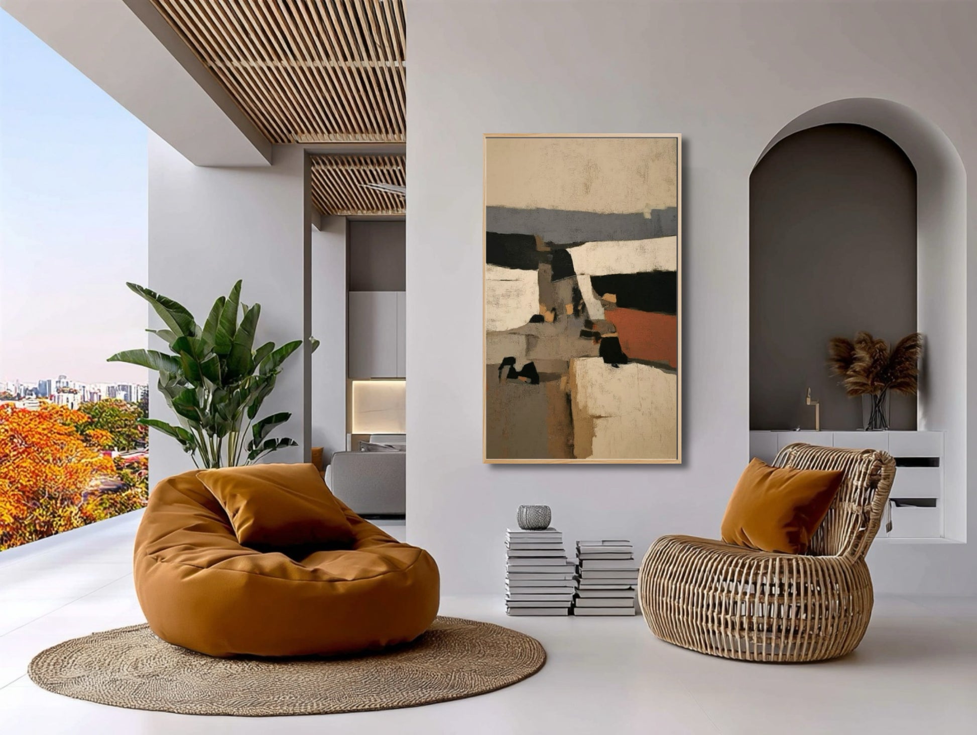 Abstract original art balances the vibrant orange pillows and rattan furniture in a chic, open-air, global-style lounge.