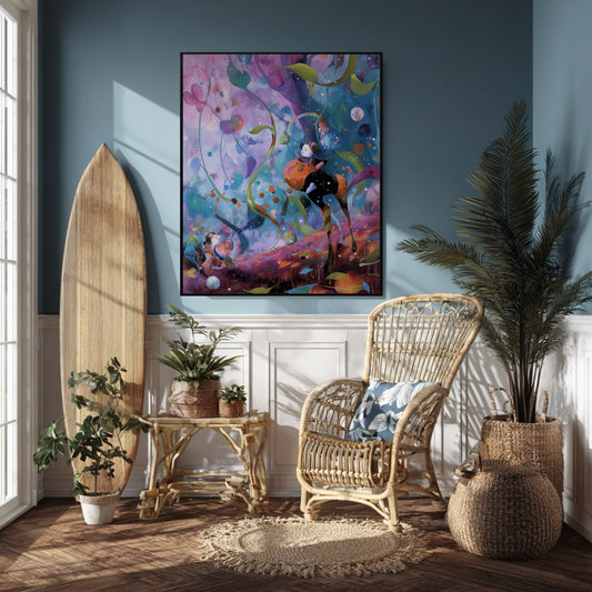 Vibrant fantasy artwork dominates the rattan & surfboard-themed sunroom, creating a cool, energetic, bohemian focal point.