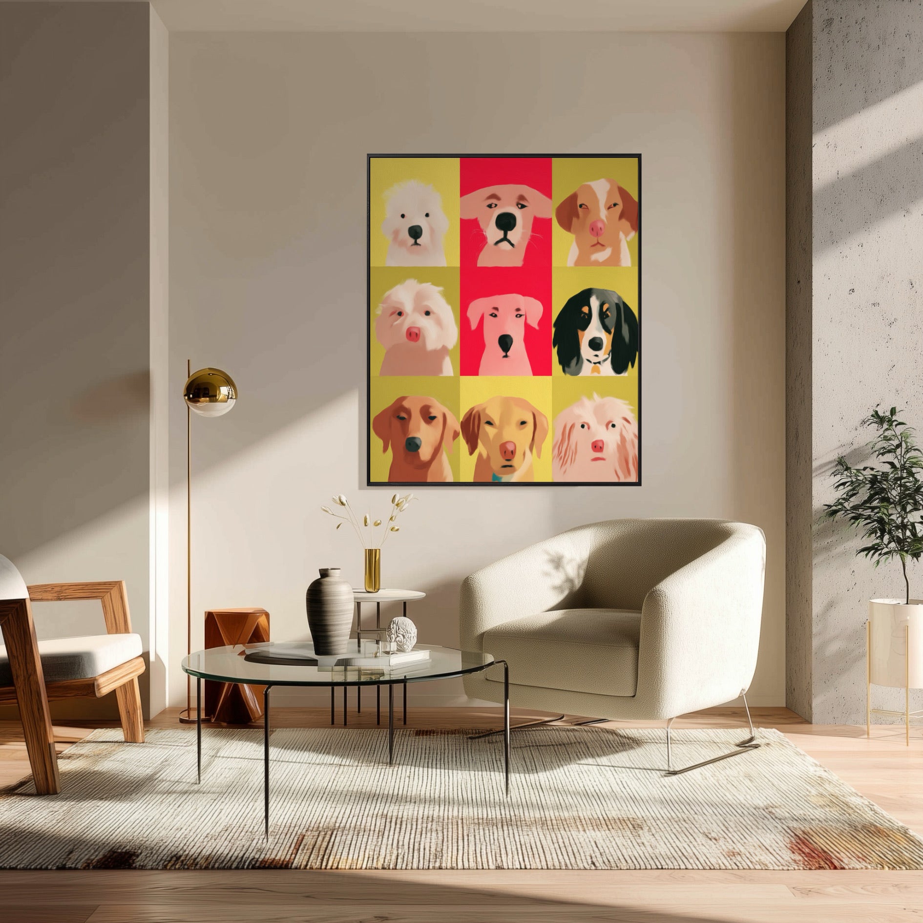 Modern pop art dog painting over glass coffee table in luxurious, bright living room. Warm wood, gold accents, neutral vibe.