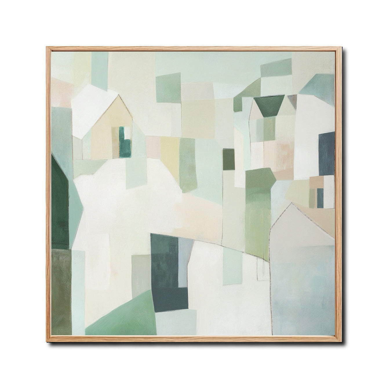 A romantic abstract hand-drawn oil painting: a square building landscape in detailed strokes, cold, and green tones.