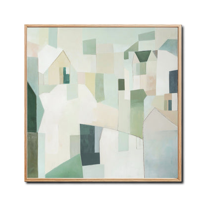 A romantic abstract hand-drawn oil painting: a square building landscape in detailed strokes, cold, and green tones.