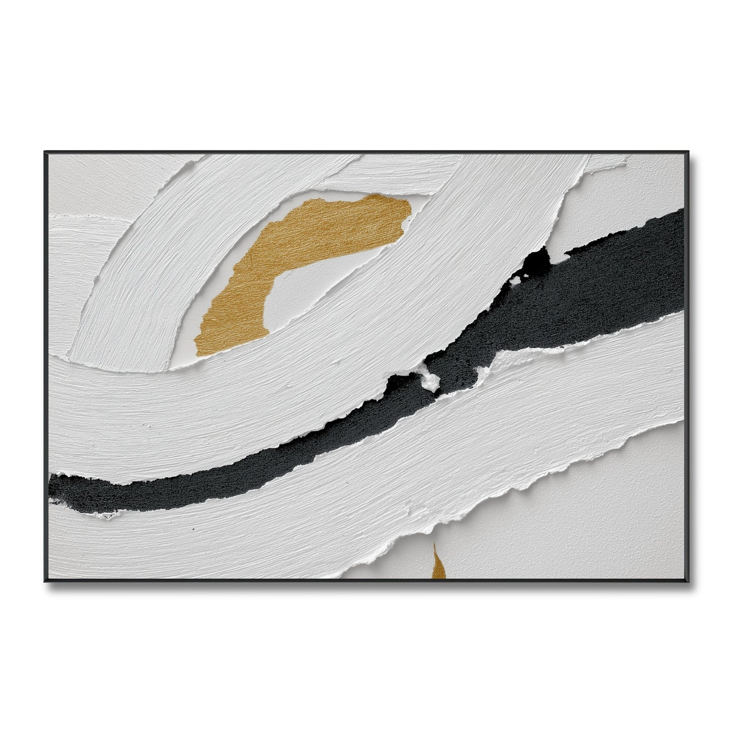 Original abstract textural art. A wabi-sabi design of torn white layers revealing black and metallic gold accents underneath.