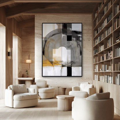 Large original abstract painting on a stone wall in a modern library, surrounded by wood ceilings and white armchairs.
