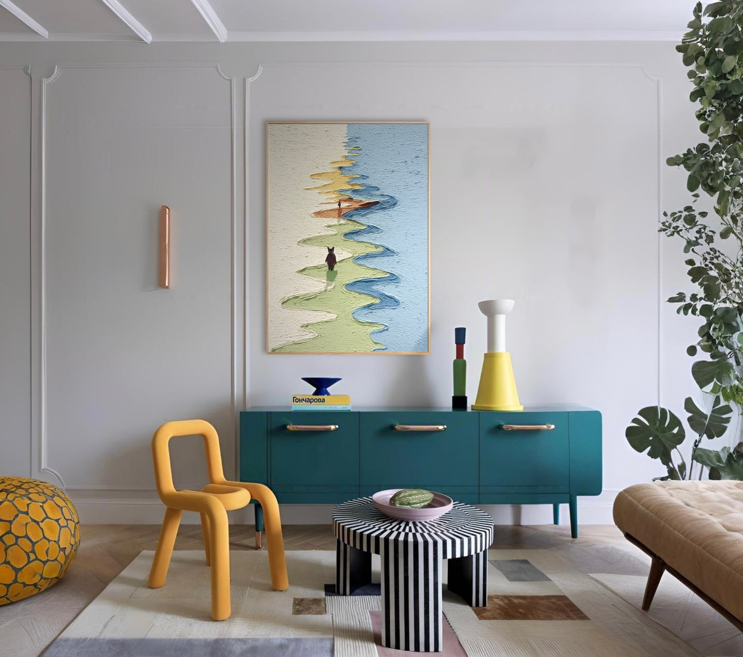 Original abstract art with vivid color and texture above a teal cabinet in an eclectic, modern living space with bright yellow decor.