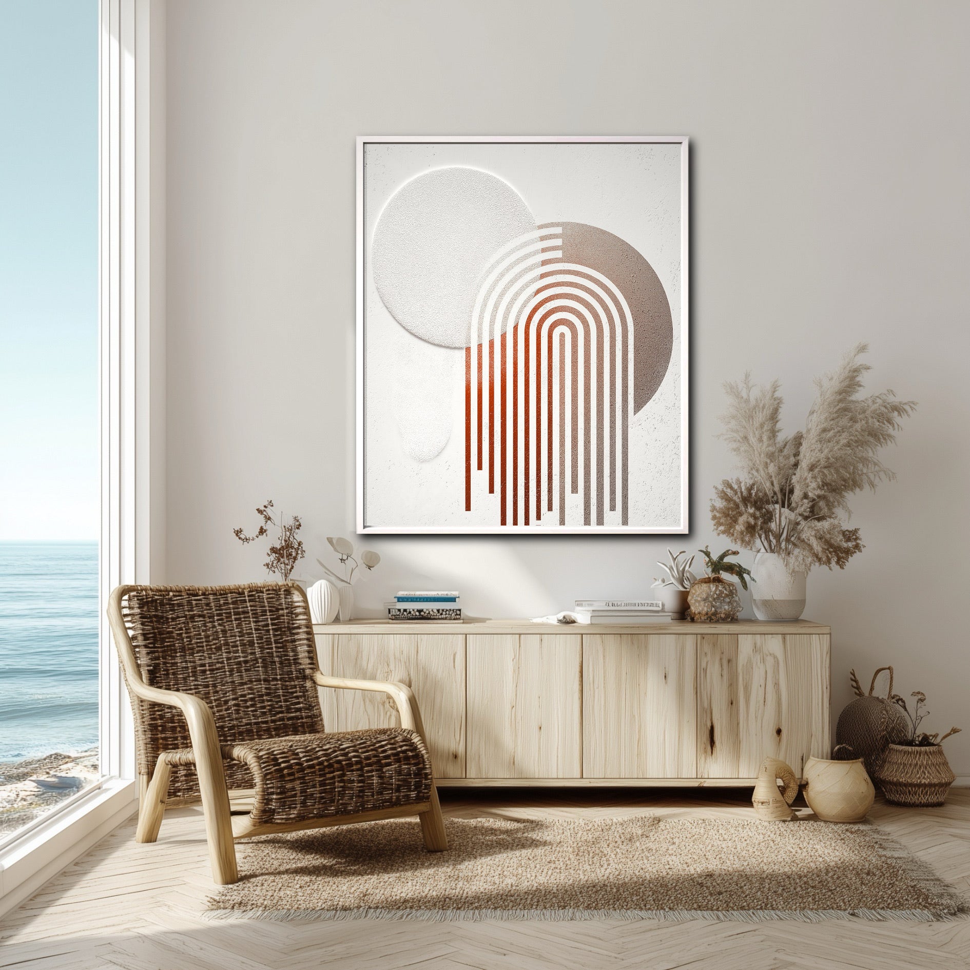 Geometric arch painting in a bright coastal living room with a rattan chair, wood credenza, and an ocean view.