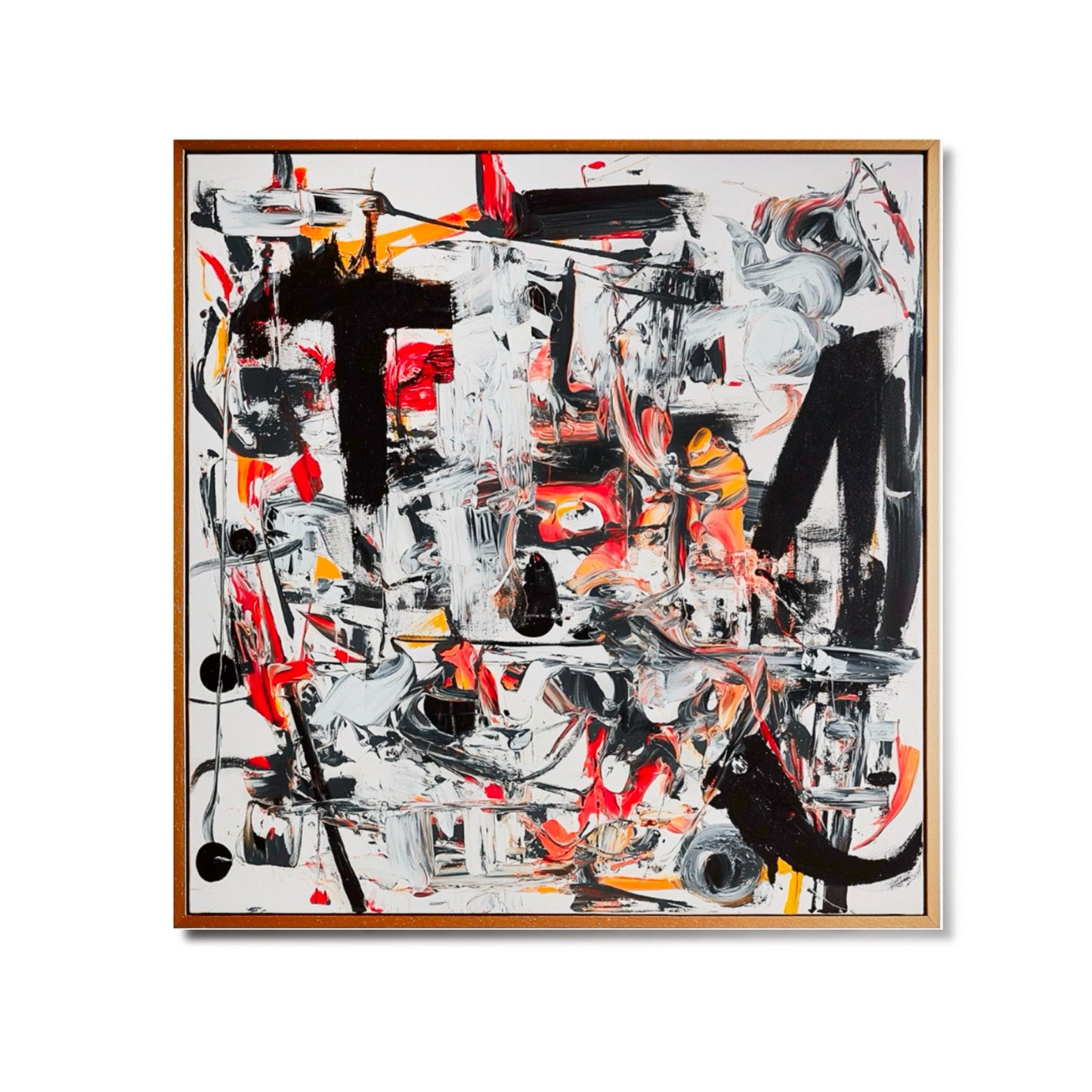 Original modern abstract expressionism painting. Bold black, white, red color, intense brushwork, hand-painted contemporary art.