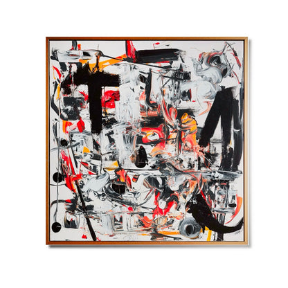 Original modern abstract expressionism painting. Bold black, white, red color, intense brushwork, hand-painted contemporary art.