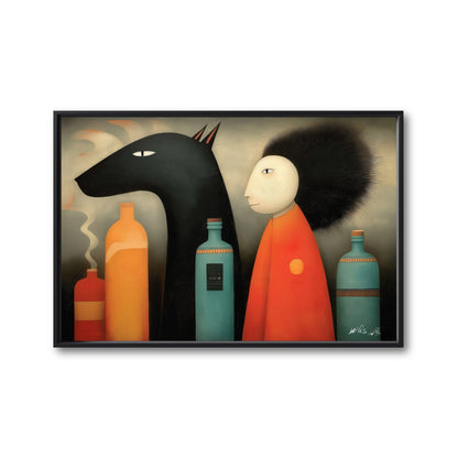 Original surrealist folk art painting featuring teal bottles and mysterious figures in a warm, whimsical, hand-painted style.