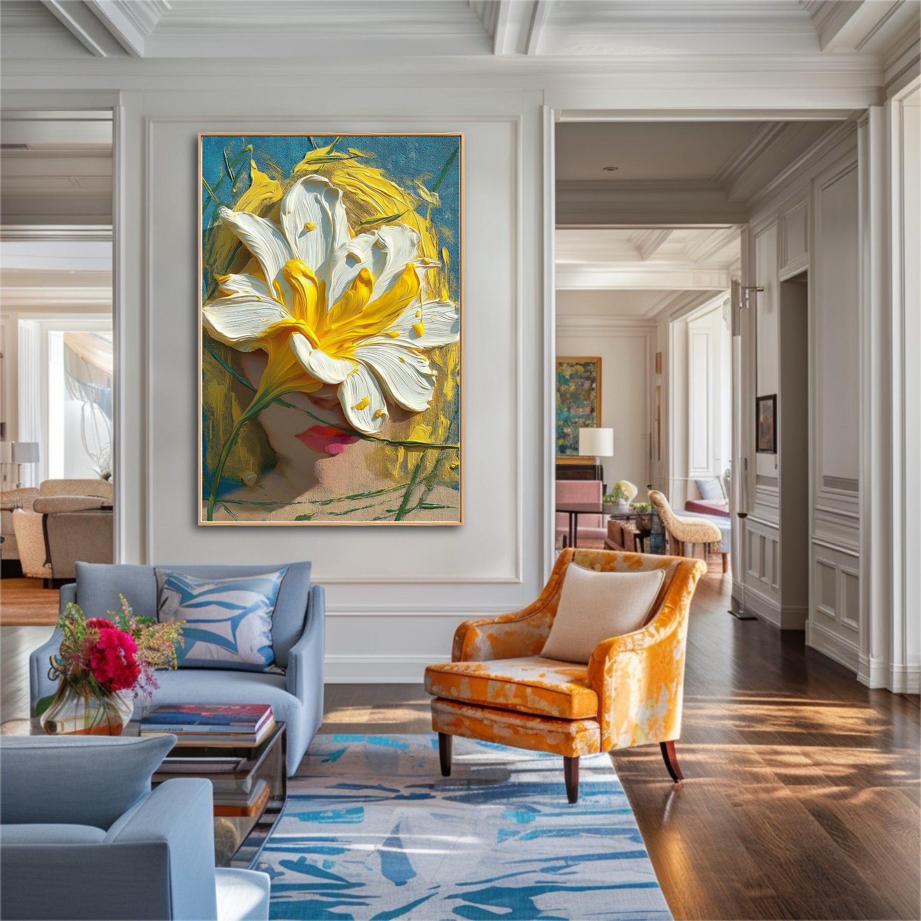 Textured white flower art brightens a traditional, luxurious parlor. The vibrant painting complements the wainscoting and highlights the yellow patterned armchair.
