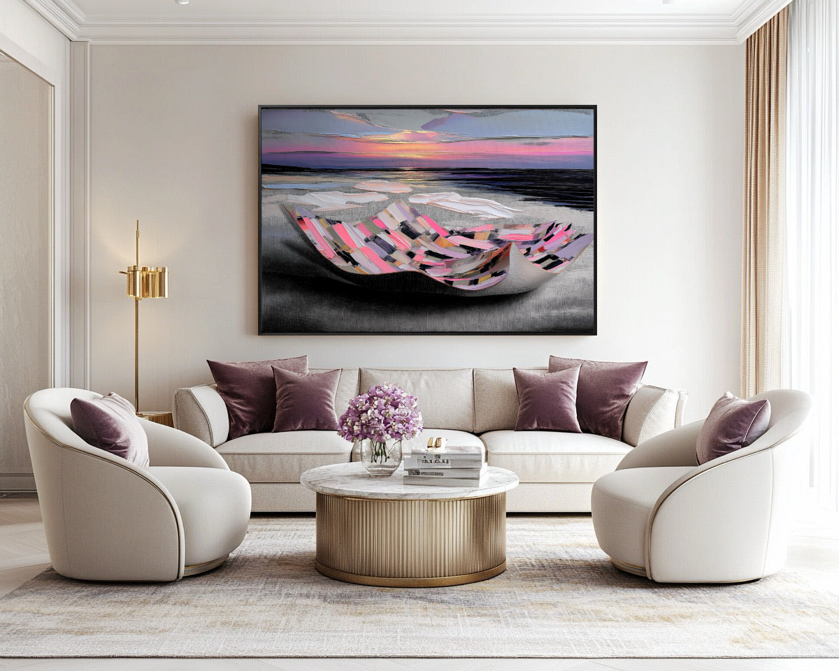 Abstract impasto art in a luxurious, elegant living space with cream chairs, mauve pillows, and a gold and marble coffee table.