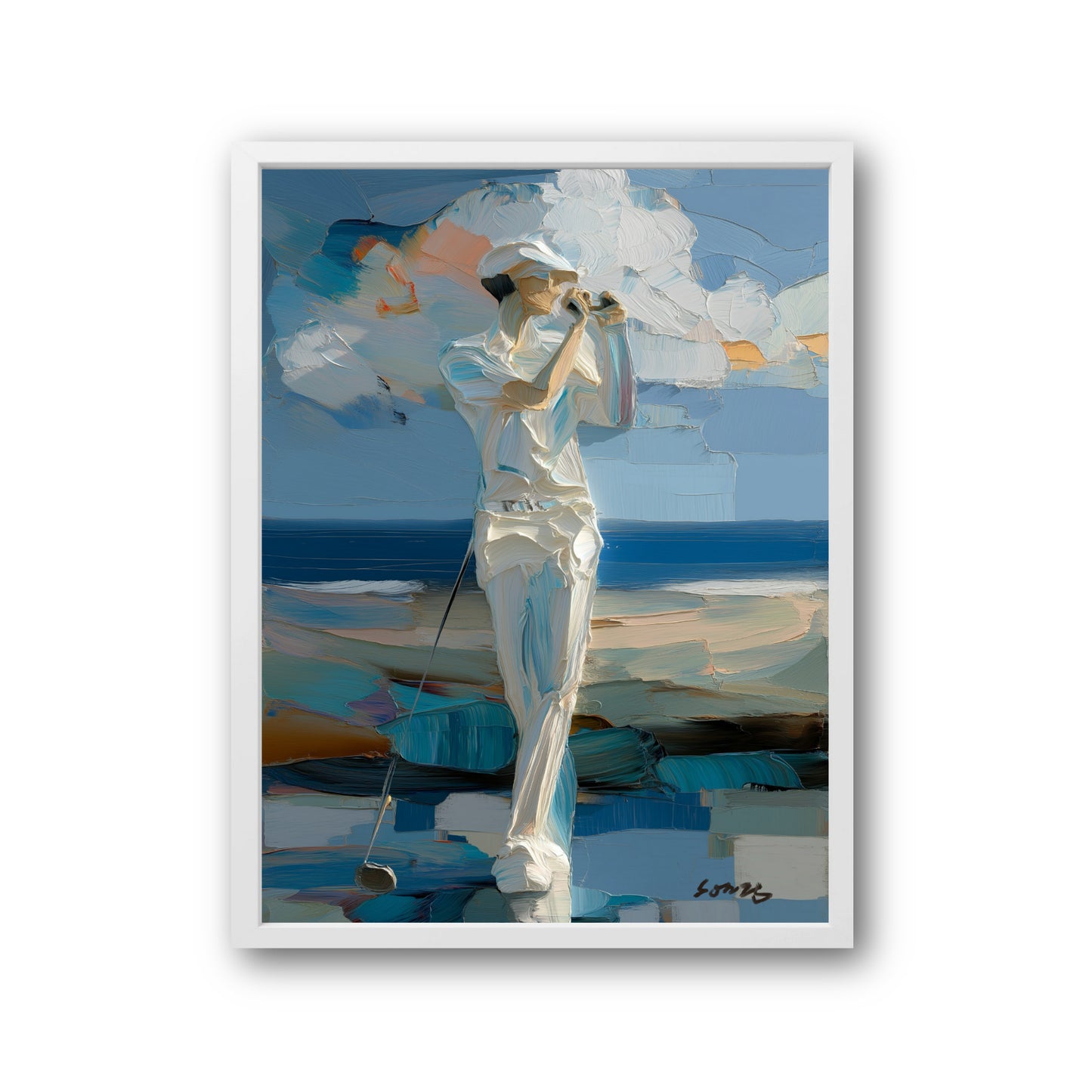 Original golf oil painting. Impasto golfer observing shot on beach. Modern coastal wall art with cool blue tones.