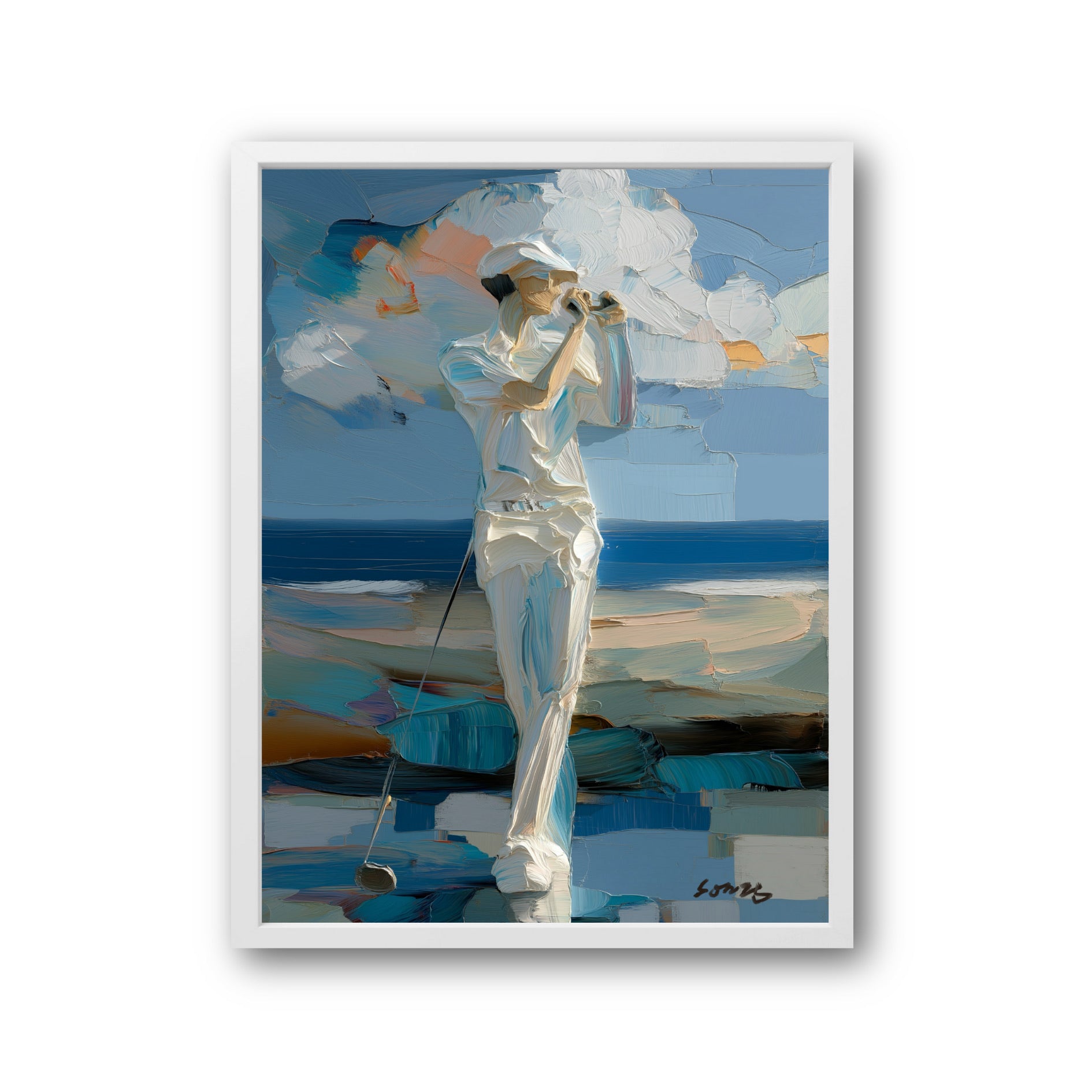 Original golf oil painting. Impasto golfer observing shot on beach. Modern coastal wall art with cool blue tones.