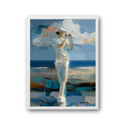 Original golf oil painting. Impasto golfer observing shot on beach. Modern coastal wall art with cool blue tones.