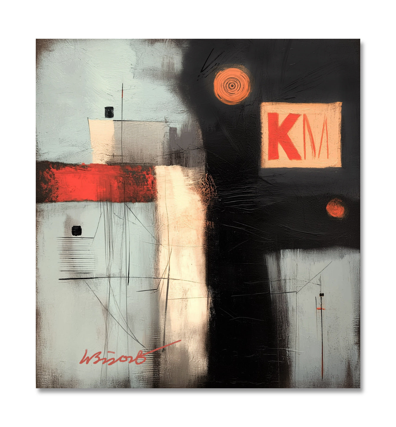 Original abstract canvas: Cold blue, black, and warm yellow circles/splashes, expressive contrast, bold modern art decor.