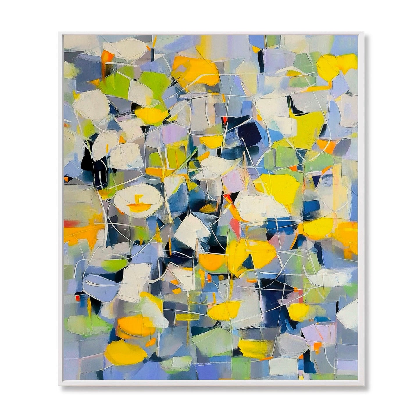 Original hand-painted Abstract Expressionist composition. Features dynamic color blocks in yellow, blue, and lime green. Modern Wall Art.