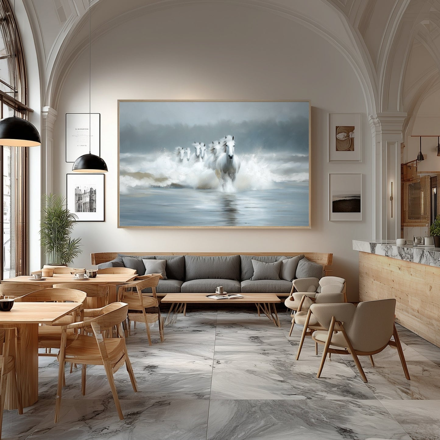 A massive horse painting hangs in a grand, airy cafe with high arched ceilings and Scandinavian-style wood furniture.