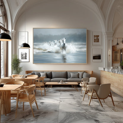 A massive horse painting hangs in a grand, airy cafe with high arched ceilings and Scandinavian-style wood furniture.