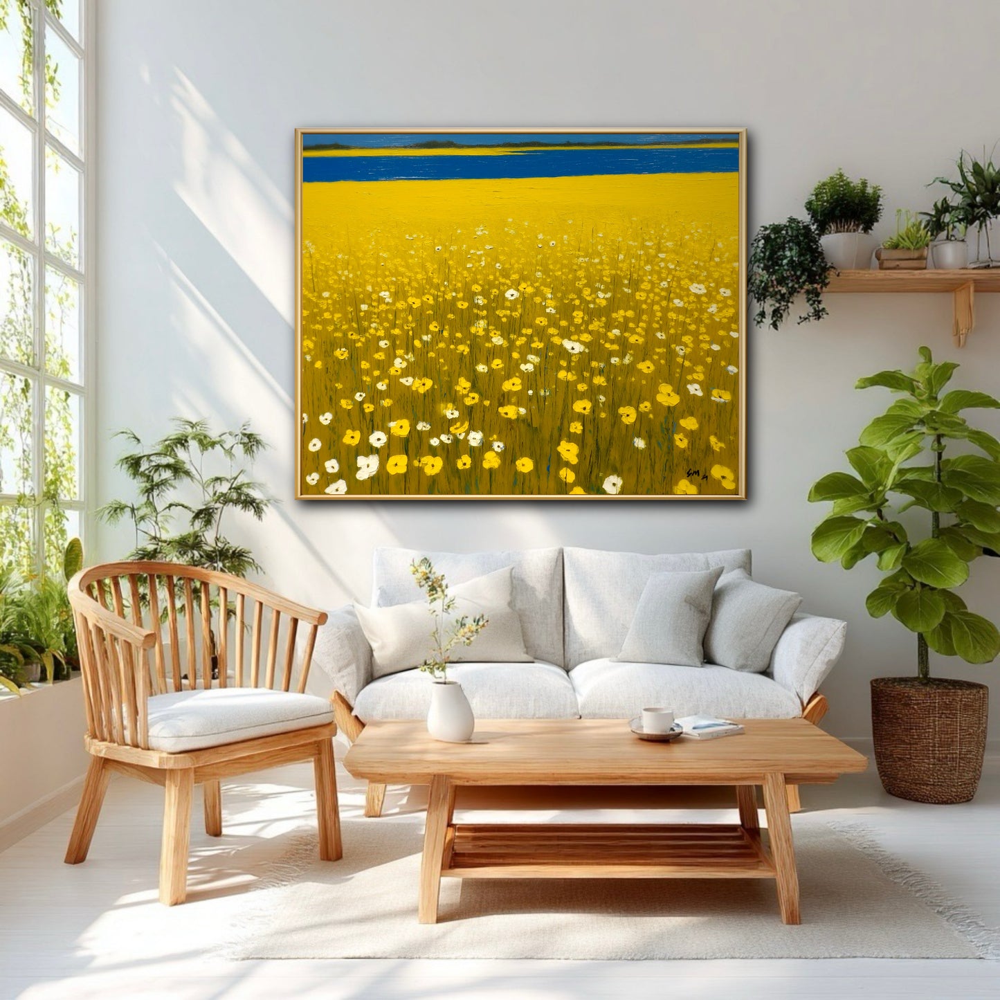 Airy & Organic Sunlit room with original yellow field art. Natural wood and green plants amplify the painting's bright, organic atmosphere.