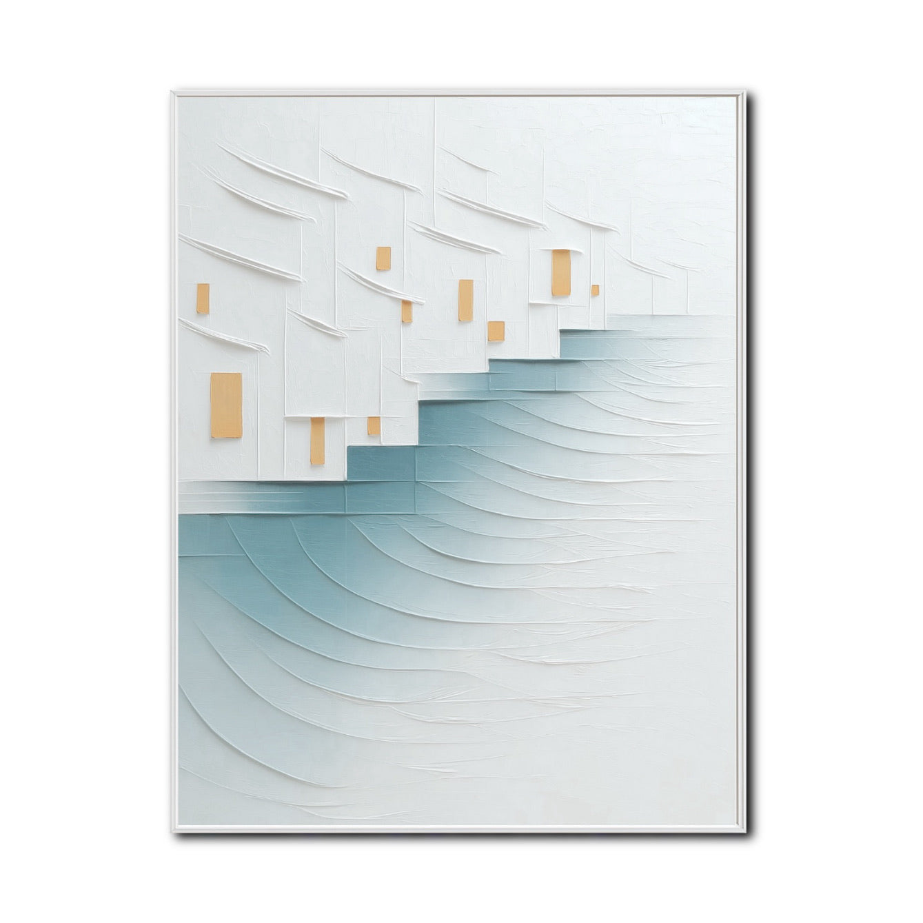 A minimalist abstract hand-drawn oil painting: a vertical sea building landscape in detailed strokes, cold, and blue tones.
