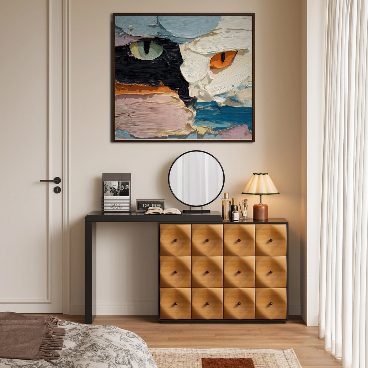 Impasto cat eye art hanging over a modern vanity, adding bold color and artistic texture to a warm-toned, organized entryway.