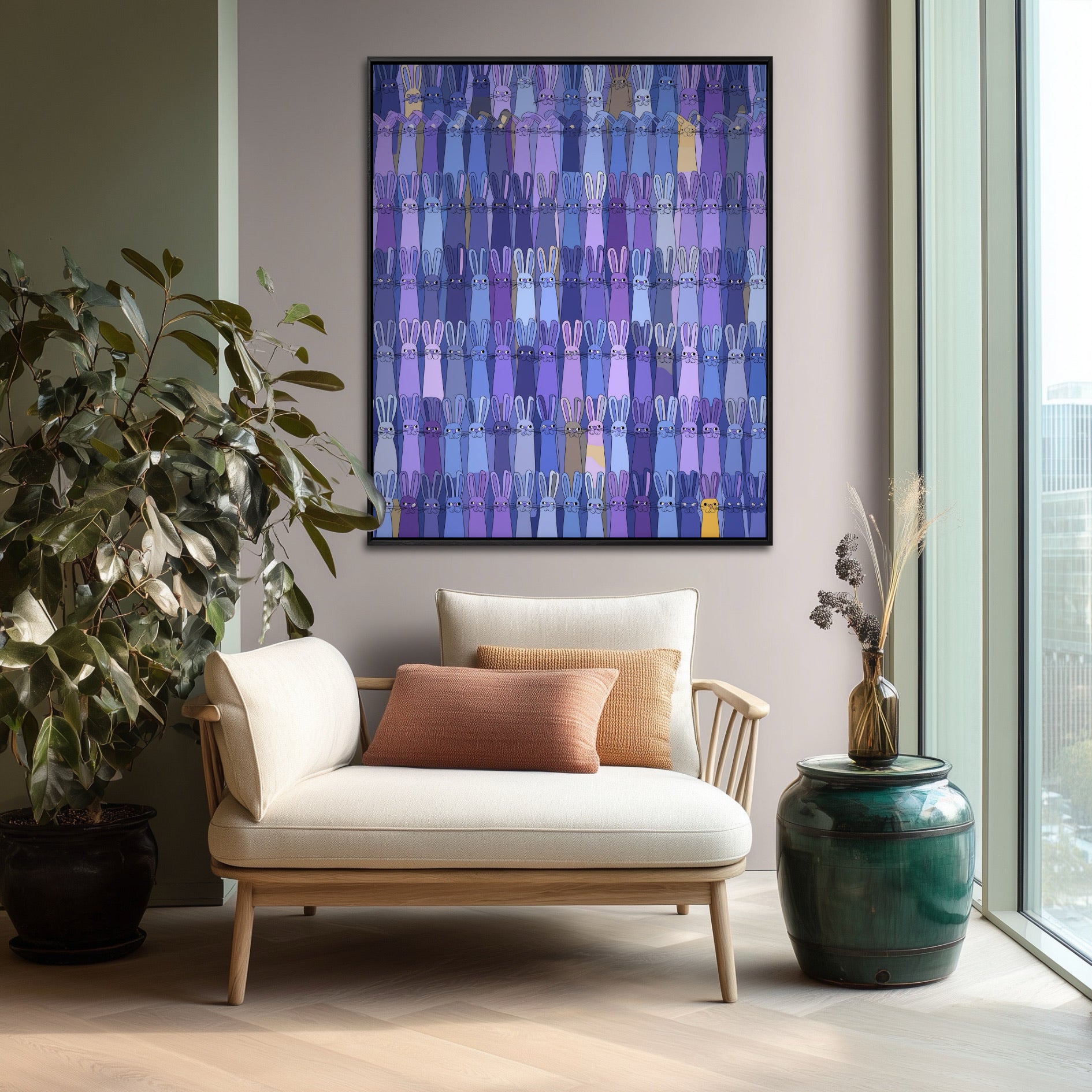 Abstract rabbit painting with cool tones, a bold pop of color against the neutral, wood-framed lounge chair and large houseplant.