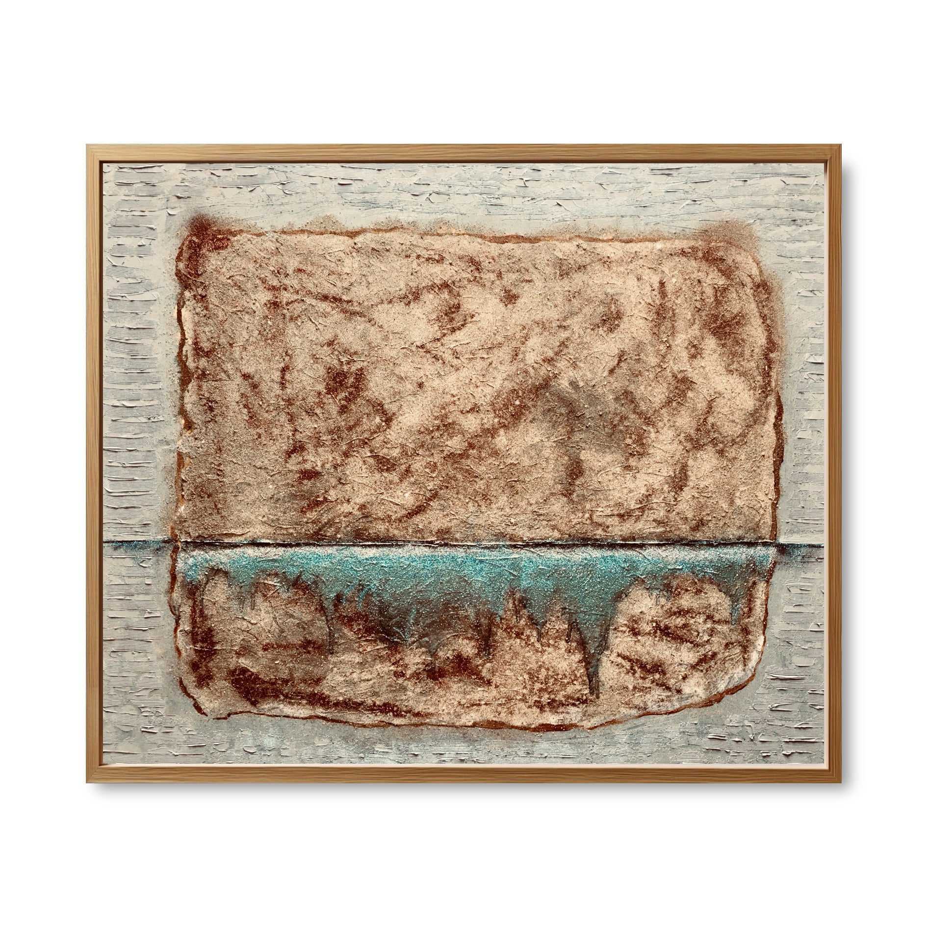 Original abstract painting with heavy, rust-colored texture, split by a dripping line of cold teal, on a white textured background.