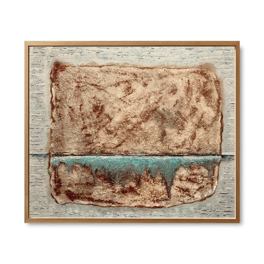 Original abstract painting with heavy, rust-colored texture, split by a dripping line of cold teal, on a white textured background.