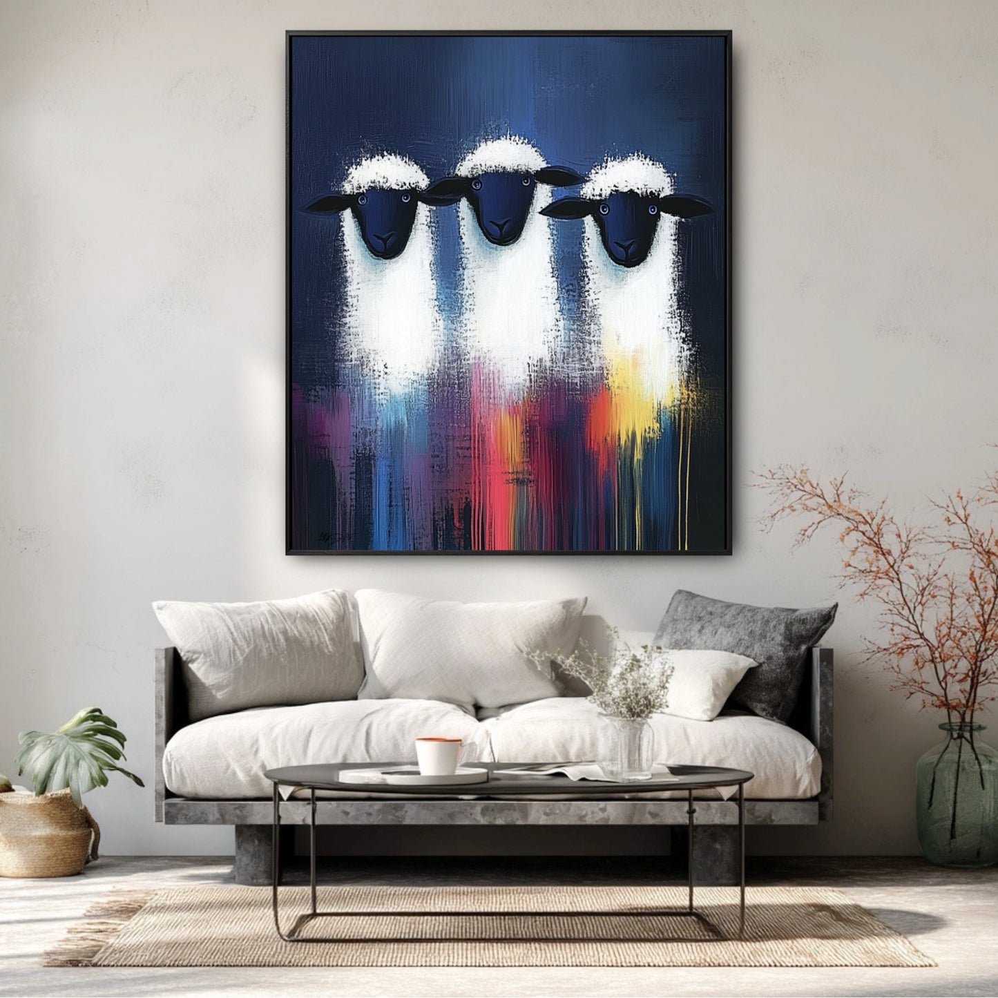 Modern three-sheep painting installed above a minimalist grey sofa, adding color to a neutral-toned contemporary living room.