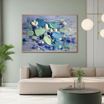 Abstract piece integrates with the refined, contemporary interior design, contrasting the sage wall and rounded furniture.