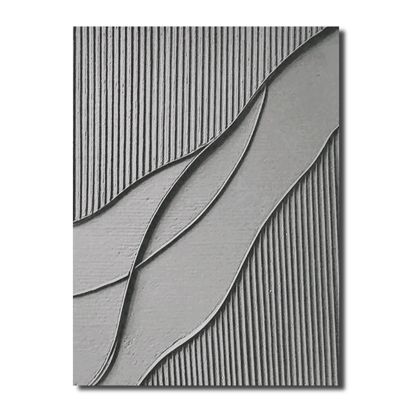 Original grey textured wall art with vertical lines & flowing curves. Abstract neutral tone hand-made relief painting for modern decor.