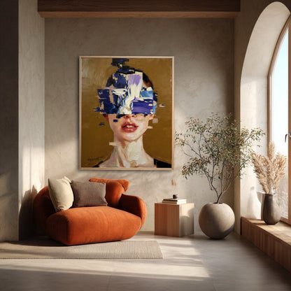 Framed abstract portrait of a woman hanging in a minimalist room with an orange armchair next to a large arched window.