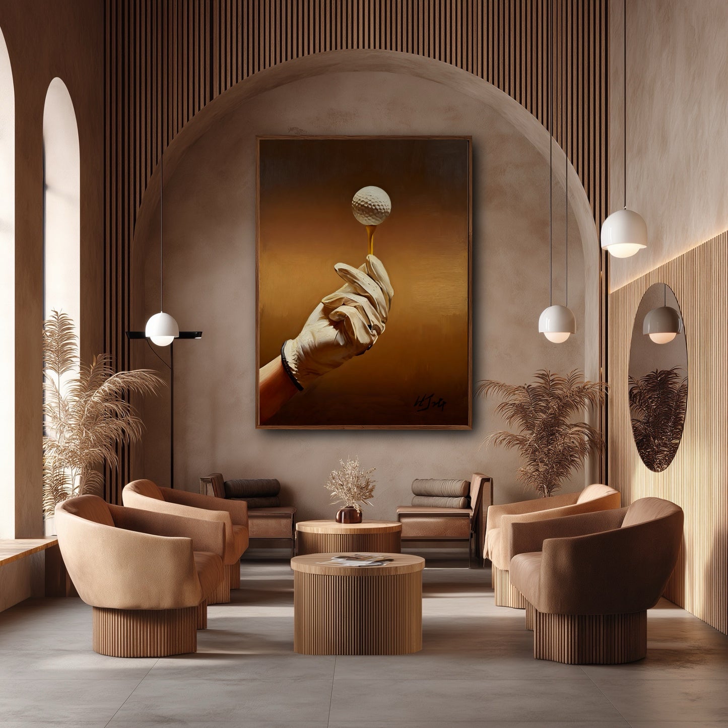 Original gold golf painting in a beige architectural lounge. Warm art adds sophistication to the luxury seating area with arches.