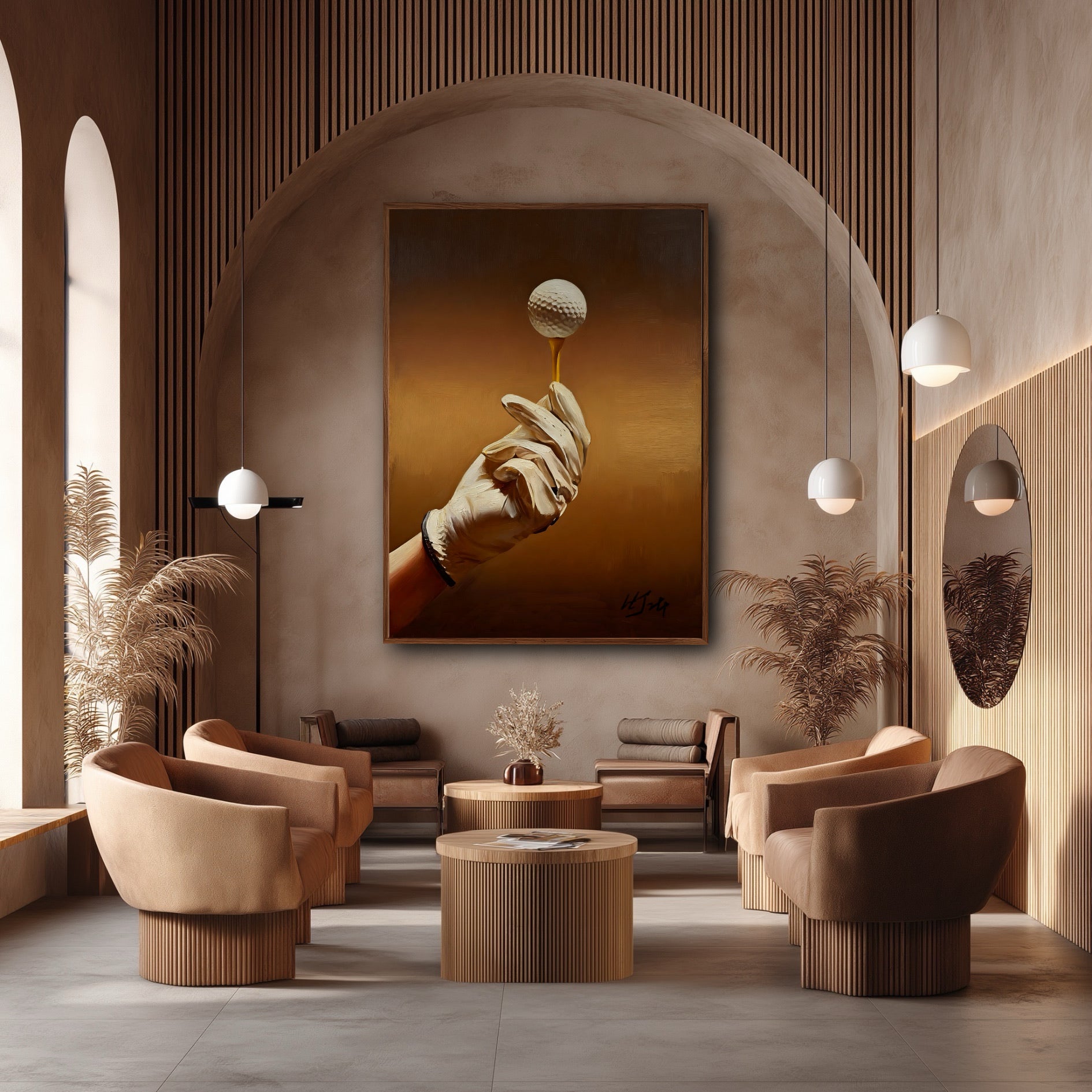 Original gold golf painting in a beige architectural lounge. Warm art adds sophistication to the luxury seating area with arches.