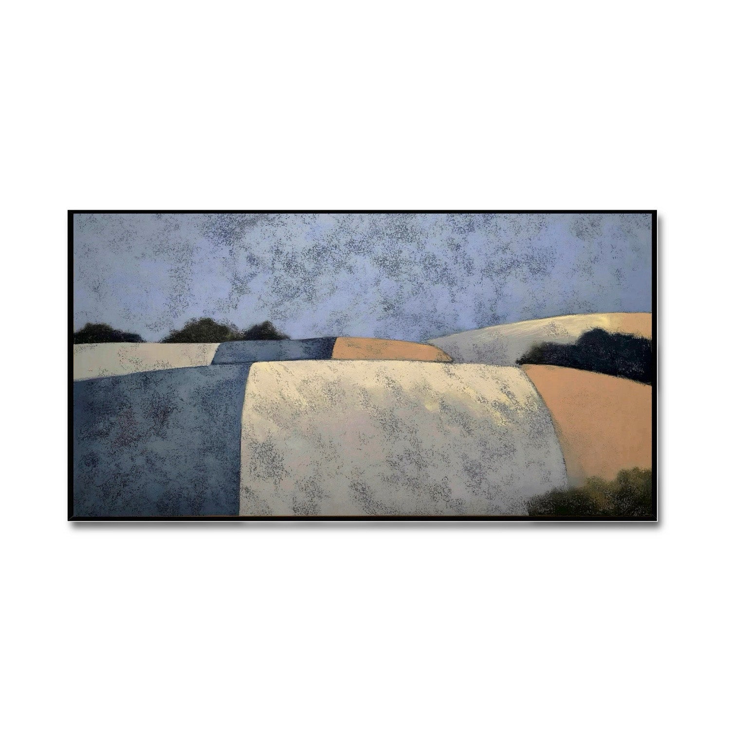 Original abstract landscape oil painting, contemporary textured art, neutral cool tones, fields, hills, modern wall decor.