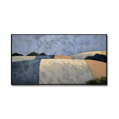 Original abstract landscape oil painting, contemporary textured art, neutral cool tones, fields, hills, modern wall decor.