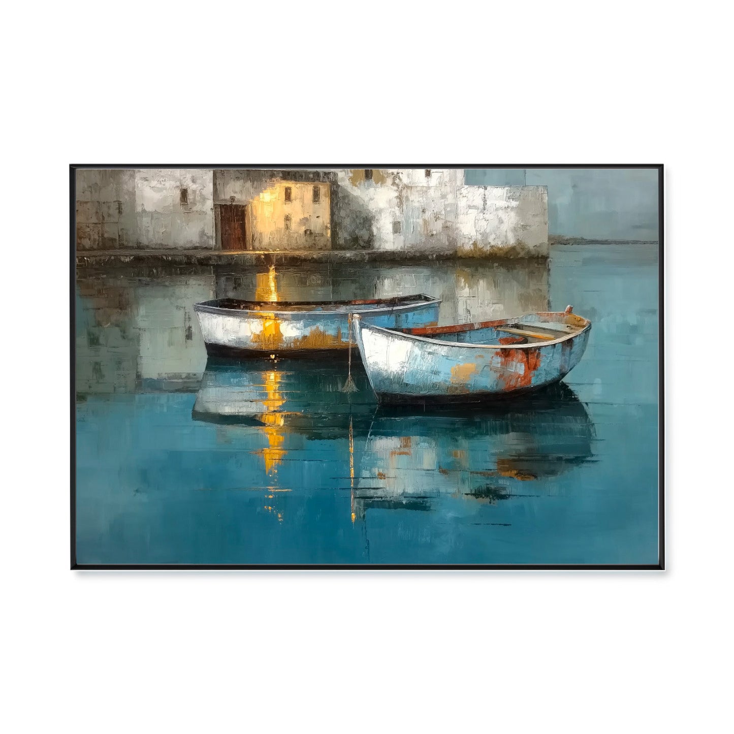 Original hand-painted two boats oil painting. Cold/warm tones, textured water reflections, coastal architecture, moody marine art.