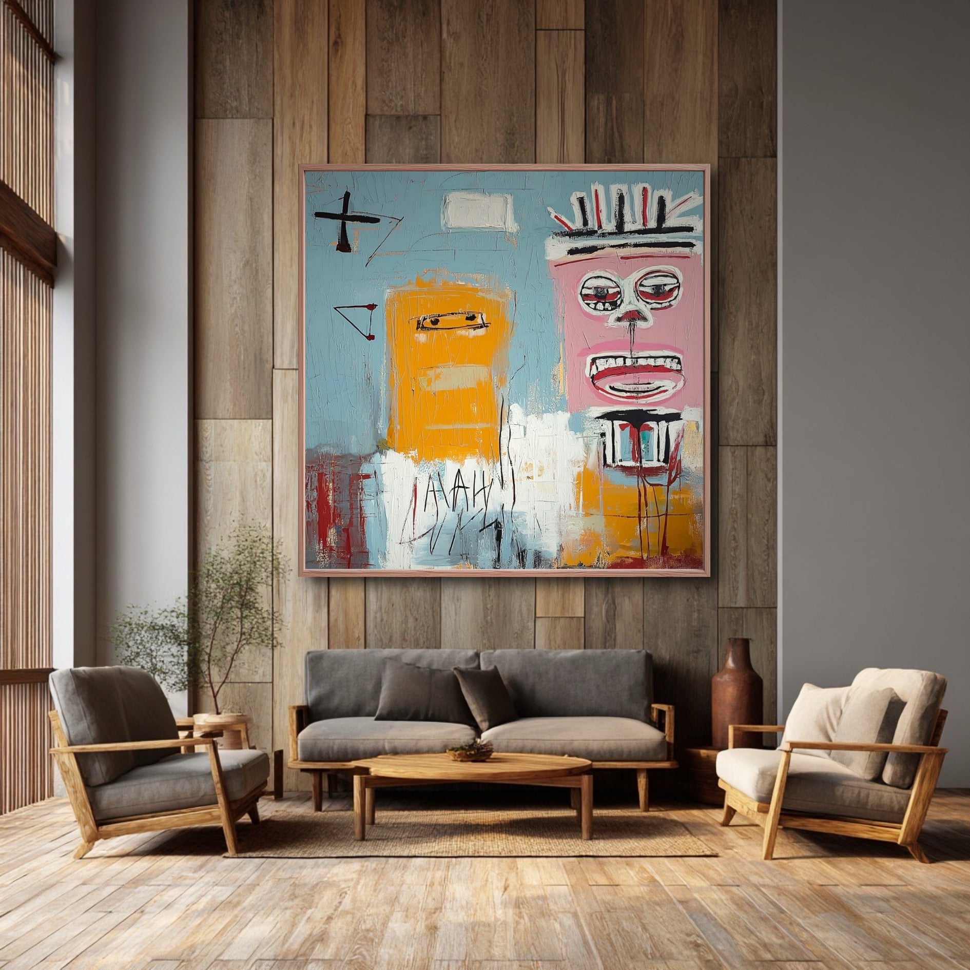 A large, expressive abstract painting hangs on a wooden paneled wall above a grey sofa and mid-century modern chairs.