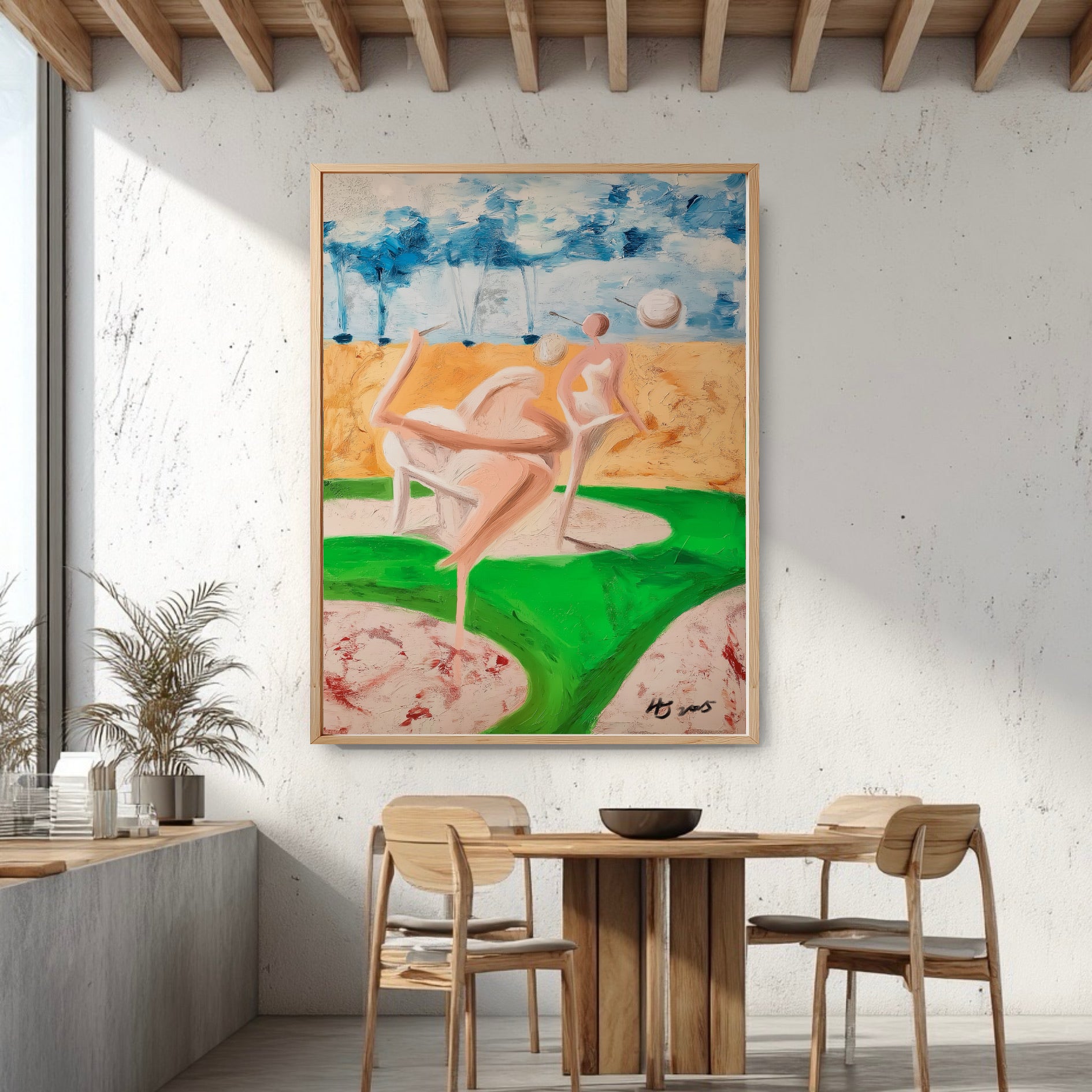 Original surreal golf painting in an industrial dining area. Vibrant art tones warm up the concrete walls and wood beams.
