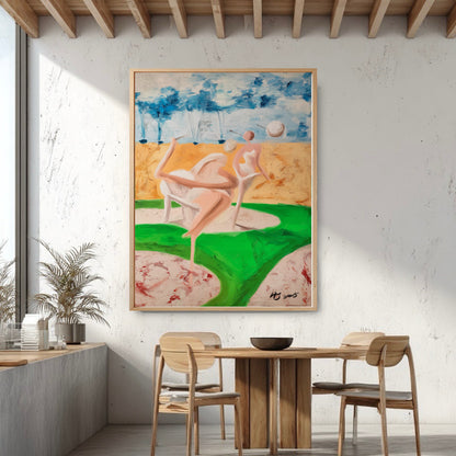 Original surreal golf painting in an industrial dining area. Vibrant art tones warm up the concrete walls and wood beams.