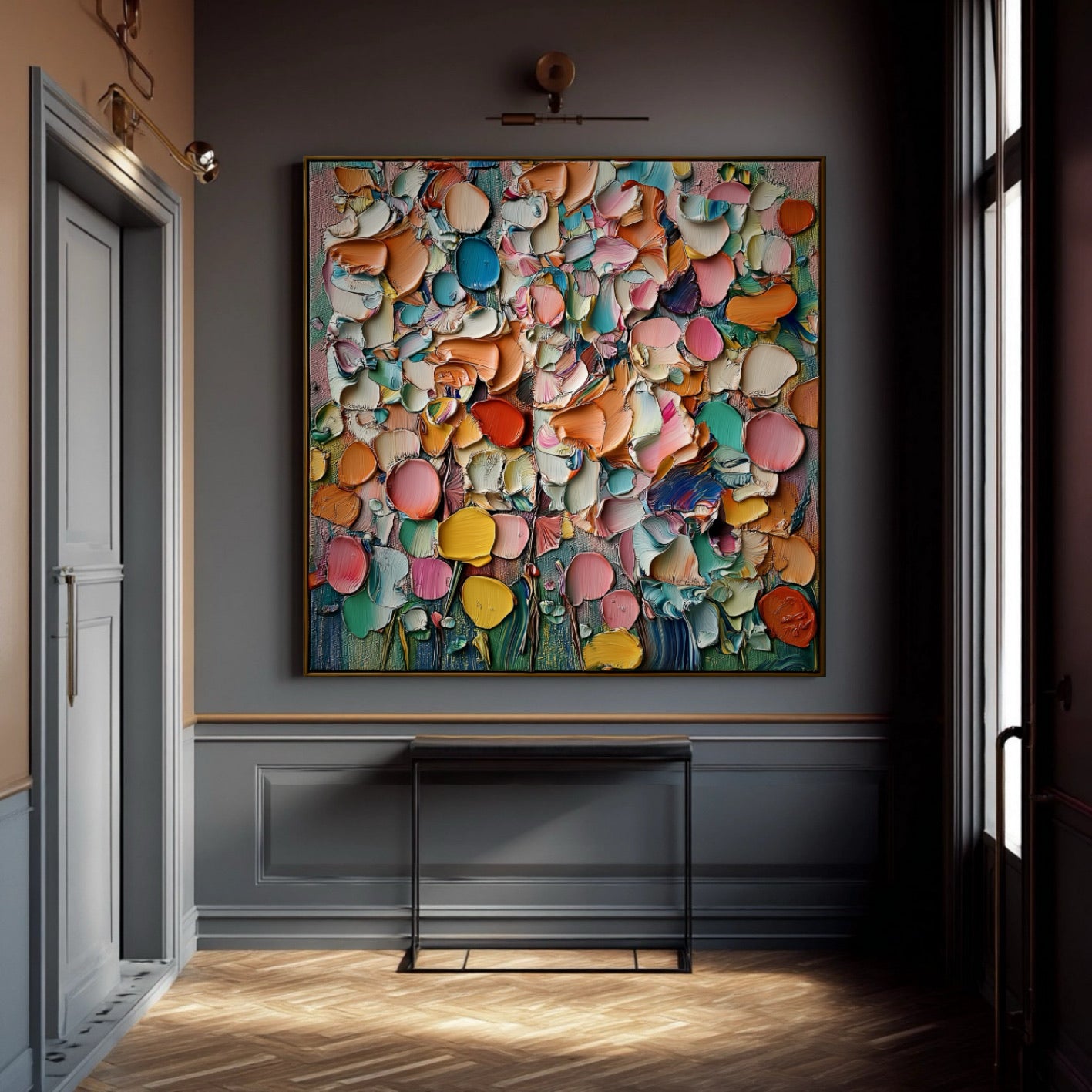 Colorful abstract artwork on a wall in a room with a door and window.